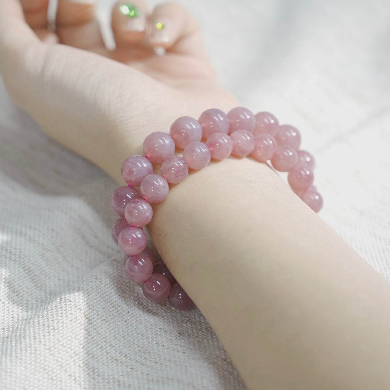 Healing Madagascar Rose Quartz Bracelet wearing picture